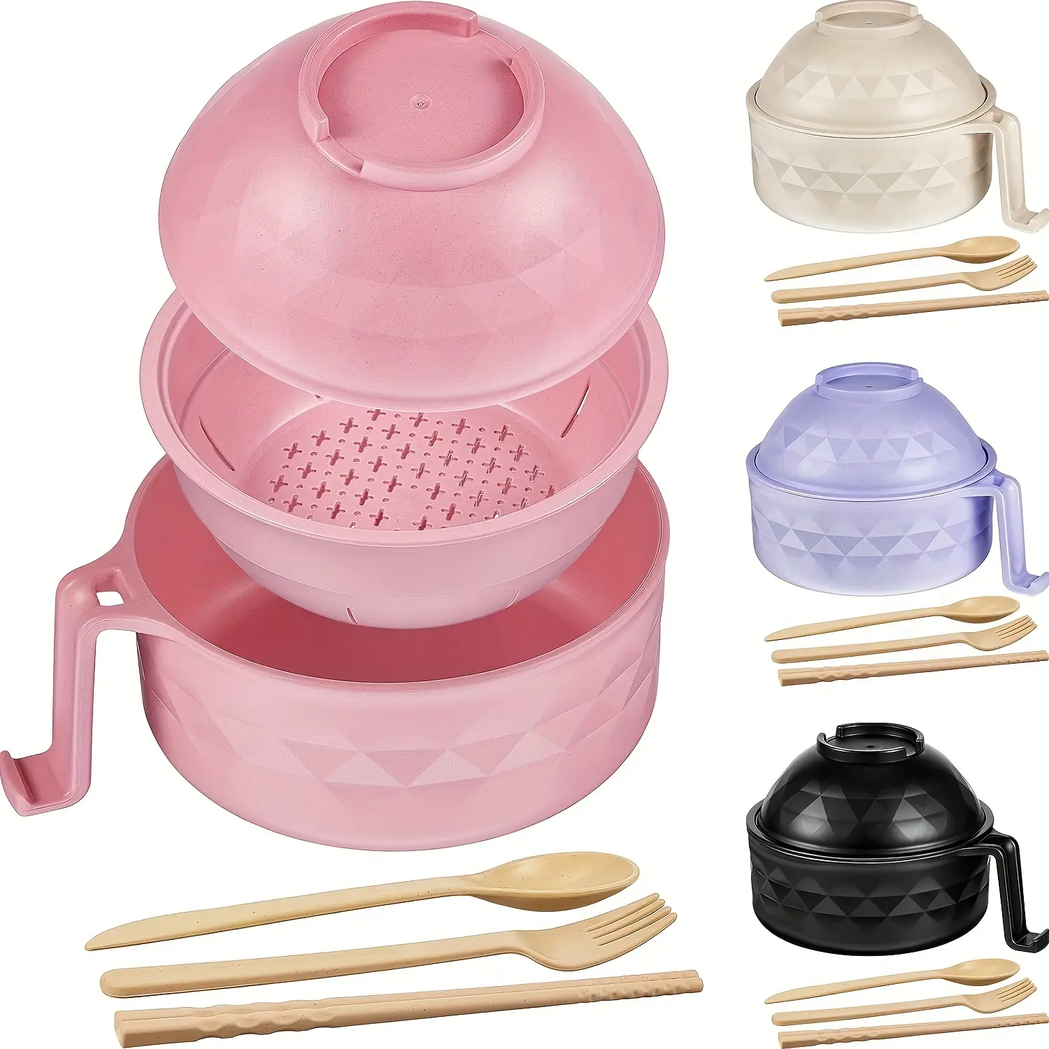 Sebastian CADIA 4PCS Thick Pink Round Plastic Ramen Bowl Set - Sturdy, Food-Safe, Microwave-Safe, Eco-Friendly, Modern Noodle Dishes with 2 Spoons, 2 Forks for Apartments, College Dorms