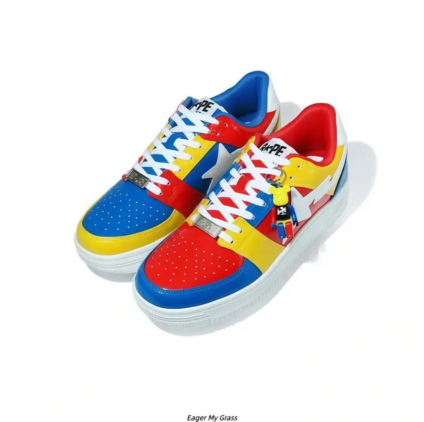 Red Yellow Blue Tri-Color Gloss PU Casual Skate Sneakers for Men Women, White Layer Flat Cushion Sole Shock Absorb Non-Slip Rubber Daily Walking Board Shoes