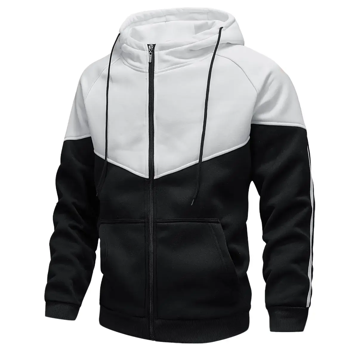 Men's Sporty Chic Colorblock Knitted Fleece Jacket - Fitted Hooded Zip-Up, a Casual Basic with Kangaroo Pockets, Jackets Zip Up, Basics, Menswear, Multi-Function, Basic Tops, Knit Fabric