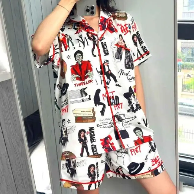 Pop Music Inspired Satin Pajama Set, Silky Short Sleeve Sleepwear, Matching Family Lounge Set, Graphic Nightwear Gift For Her