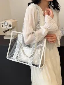New Fashion Transparent Shoulder Bag, Casual Solid PVC Tool Bag, Ideal for Outdoors, Classes, Commuting, Trendy Commuting Bag, Unique Single-Shoulder Tote Combo
