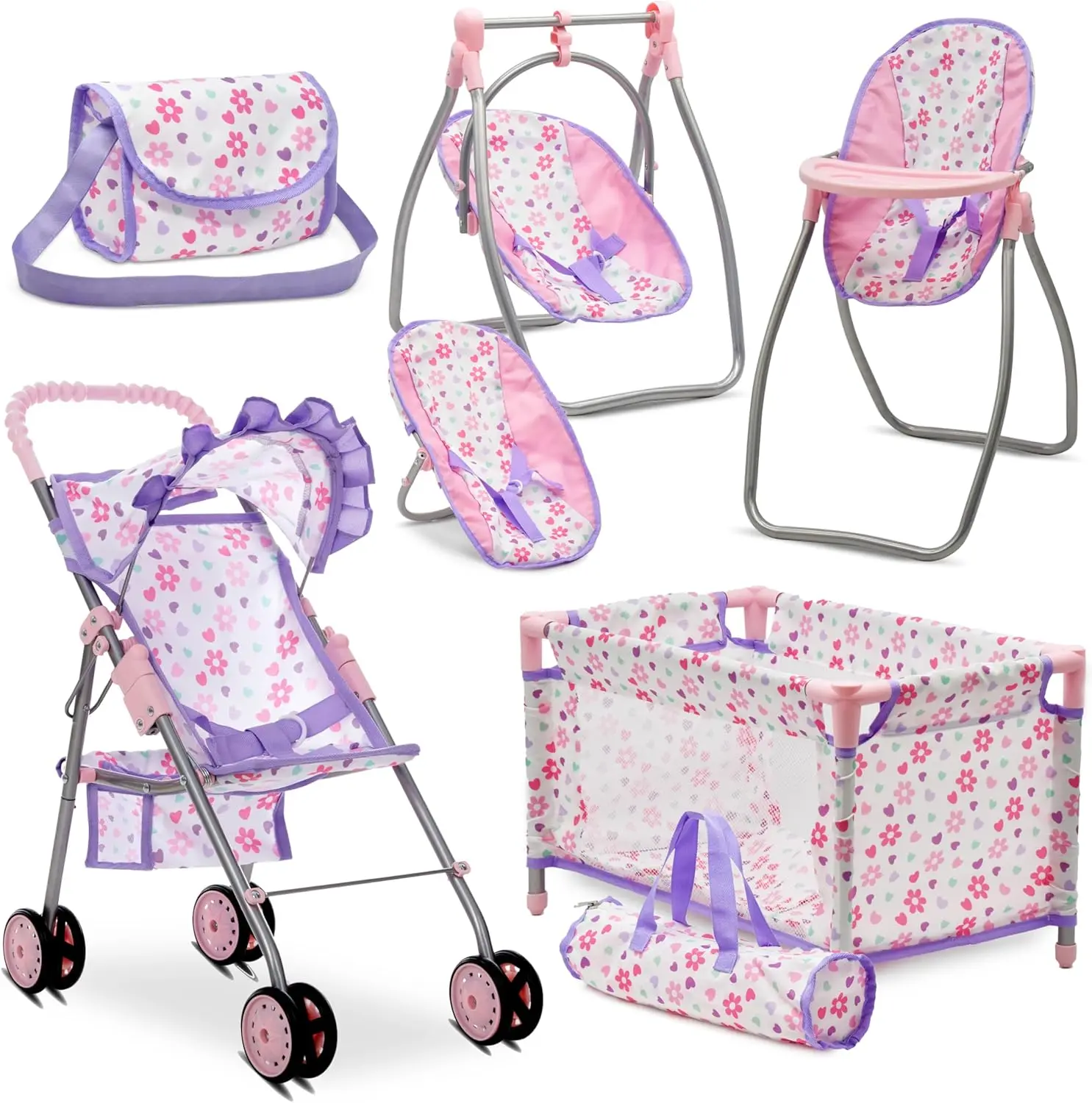 Baby Doll Stroller Bed and Swing Nursery Playset – Deluxe Baby Doll Accessories Furniture Set with Convertible High Chair, Swing, Crib, Diaper Bag & Stroller – Purple Floral Pretend Play Set for Girls Ages 3+