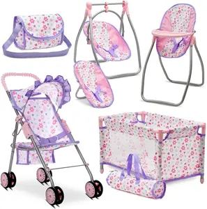 Baby Doll Stroller Bed and Swing Nursery Playset – Deluxe Baby Doll Accessories Furniture Set with Convertible High Chair, Swing, Crib, Diaper Bag & Stroller – Purple Floral Pretend Play Set for Girls Ages 3+