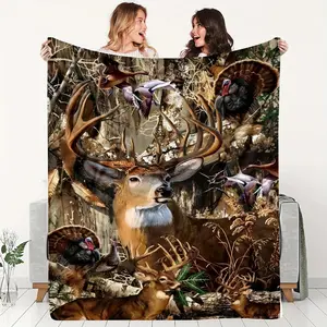 Lodge Style Flannel Throw Blanket with Forest Animal Elk and Wild Turkey Pattern, Soft Cozy All-Season Blanket with Animal Suitable for beds and sofas can also be given as a gift