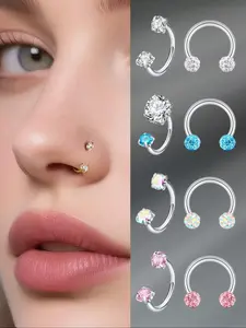 4pc Punk Style Stainless Steel Nose Ring Set, Spiral Nose Ring, 18g Threaded Design, Plain Pattern, Lip, Brow & Jewelry, All-Season Wear