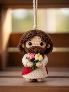 Crochet Jesus Car Charm – Handmade Yarn Rearview Mirror Hanging For Christian Faith