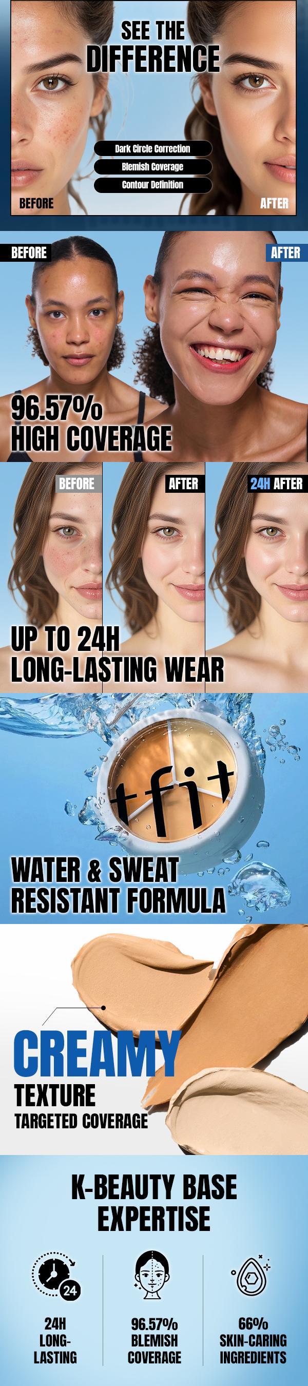 [TFIT OFFICIAL] Cover Up Pro Concealer 15g / 0.52 oz, Korean Makeup, 3-Color Palette, Color Corrector, Full Coverage, Dark Circles, Correcting, Blemishes, Redness, Sweat-Proof, 12HR Longwear, Non-Cakey, 21 Shades