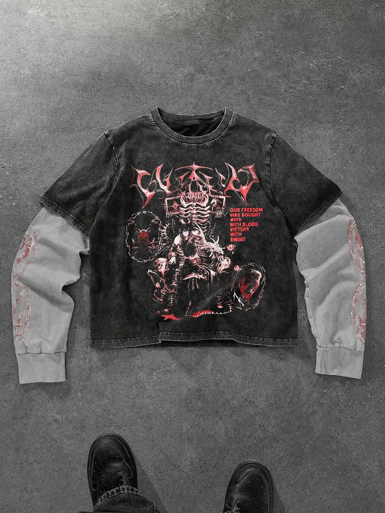 Vintage Distressed Two-Tone Sleeve Graphic Sweatshirt | Y2K Goth Oversized Cropped Top | Breathable Soft Fabric for Daily Wear & Streetwear Looks Fashion