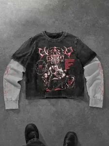 Vintage Distressed Two-Tone Sleeve Graphic Sweatshirt | Y2K Goth Oversized Cropped Top | Breathable Soft Fabric for Daily Wear & Streetwear Looks Fashion
