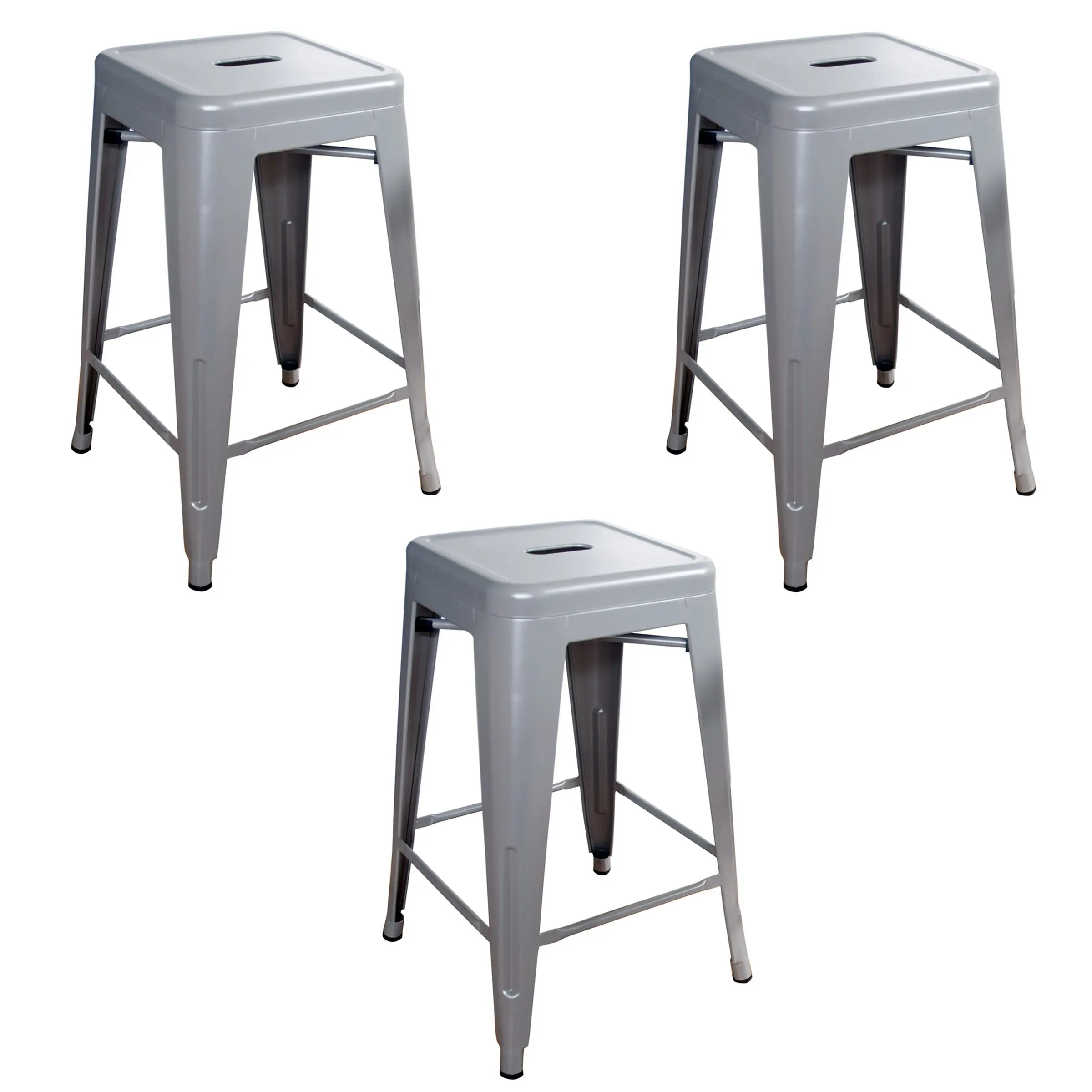 Ameri Home BS24SLVR3 3-Piece Stackable 24 in. Silver Industrial Metal Loft Bar Stool Set - Handle & Square Seat Indoor Furniture Chairs for Dorms, Dorm, Bar Decor