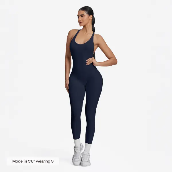 BetterMe Women's Midnight Navy Form-Fitting Crossback Built-In Bra Sweat-Wicking Bodysuit - Stretchable, Breathable Workout Jumpsuit, Sporty Jumpsuit, Gym Wear, Activewear for Fitness Training