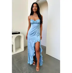 Lauren Ruffle Trim Satin Maxi Dress - Blue