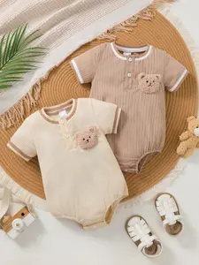 Round Neck Colorblock Short Sleeve Two-Button Half Open Cute Towel Bear Light Color Jumpsuit Set, Summer Two-Piece