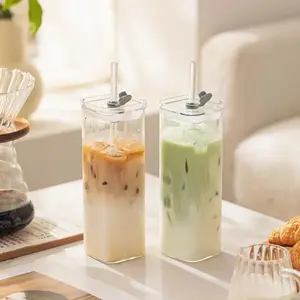 1/2pcs Square Glass Cups with Lids 17oz Perfect Coffee Cups Include Straws Gift for Cup Collectors Great for Office Home School Outdoor Use Weddings BPA-Free Drinkware Reusable Portable