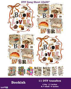 Book Lovers DTF Gang Sheet 11 Bookish Ready To Press Transfers 23x30. Same/Next Day Shipping