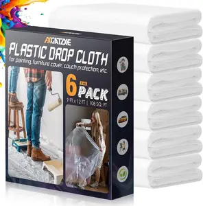 12 x 9 Ft Plastic Drop Cloths (6-Pack) - Disposable Painter's Sheeting & Tarps for Painting, Waterproof Furniture/Couch/Floor Protection