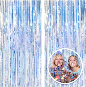 2 Pack Foil Curtain Backdrop Iridescent Metallic Tinsel Foil Fringe Curtains Photo Booth for Birthday Wedding Engagement