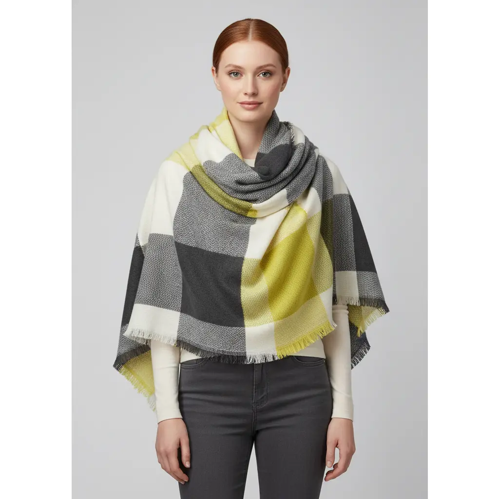 Warm Woven Oversized Tartan Plaid Blanket Scarf Shawl Yellow Gray