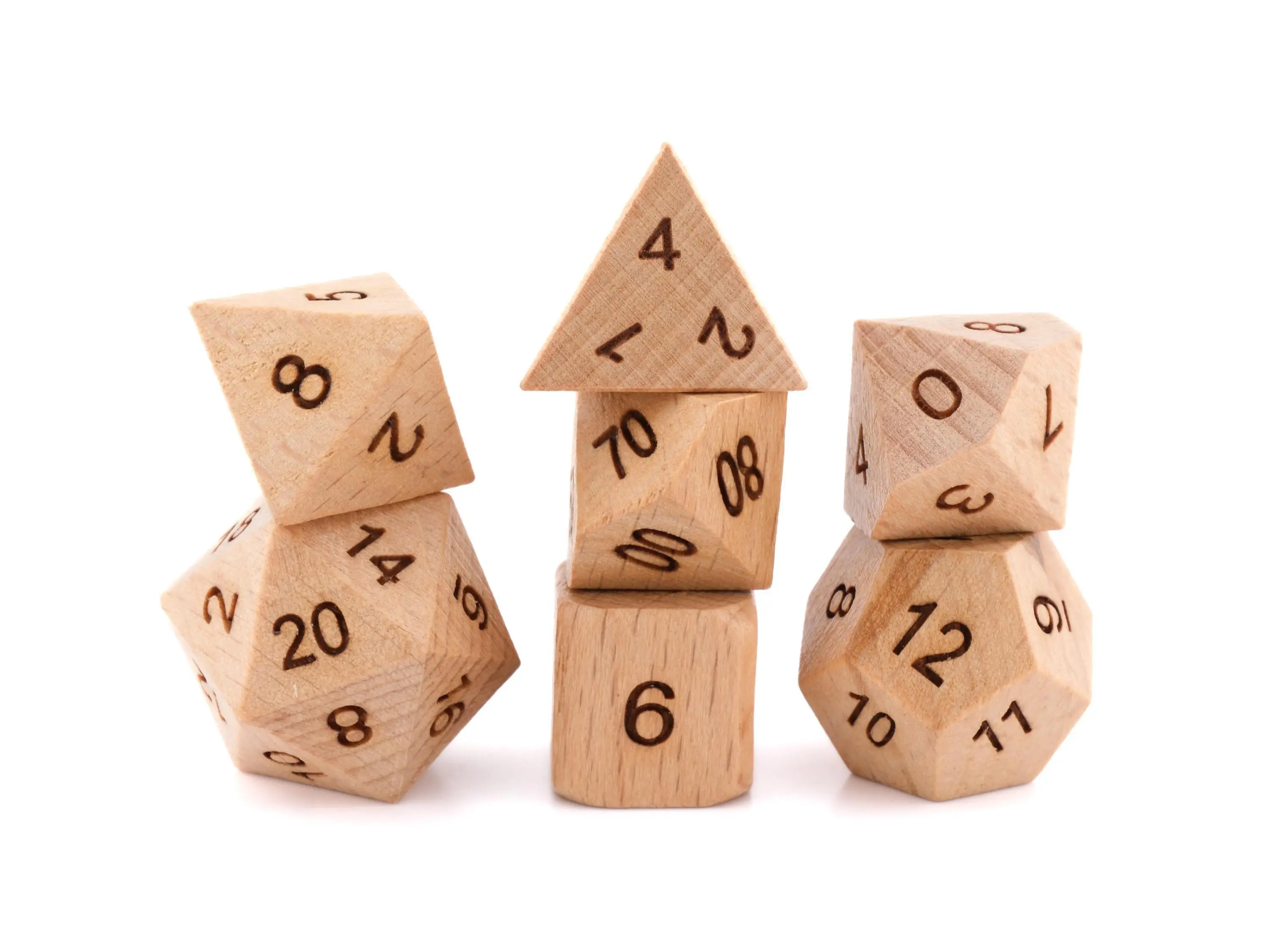 Natural Beech Wood DnD Dice Set - Engraved 7-Piece for Roleplaying Games, Ideal for Dice Collectors