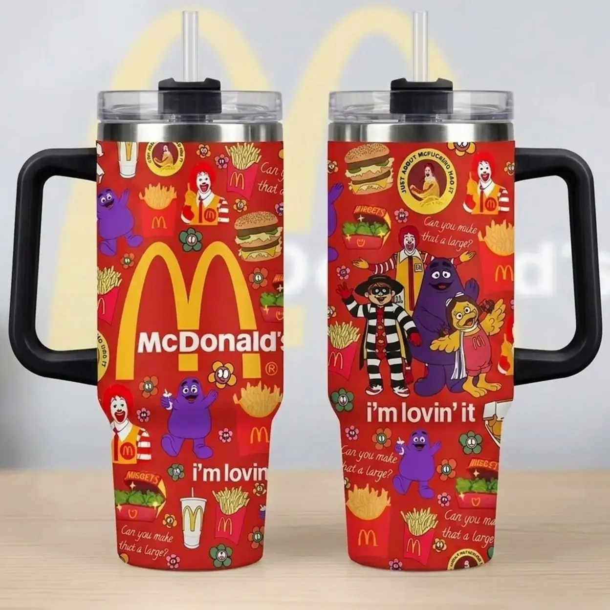 McDonalds Retro Fast Food Tumbler with Handle, Im Lovin It Golden Arches 40oz Insulated Travel Mug, Ronald McDonald Grimace Hamburglar Pattern Cup, Stainless Steel Iced Coffee Tumbler, Vintage Restaurant Merch, Nostalgic Birthday Gift for Foodies