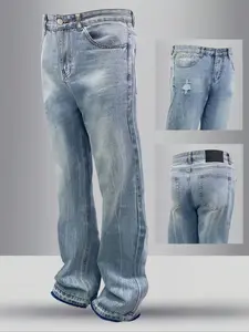 Men's Casual Streetwear Loose-Fit Straight Leg Plain Denim Jeans with Pockets, Fashionable Comfortable Daily Wear, Perfect for Leisure Outings and Relaxing Style