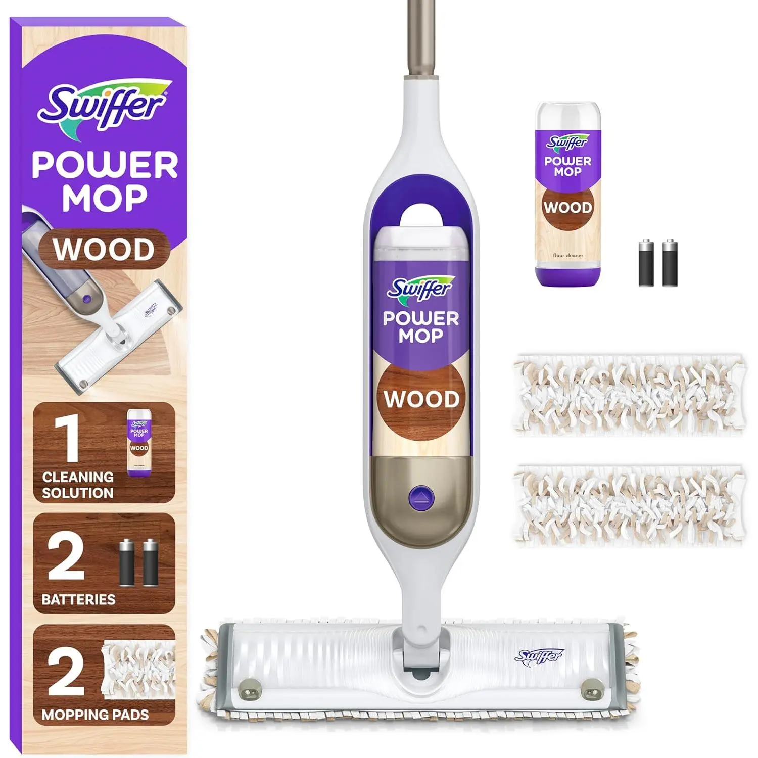 Power Mop Wood, Hardwood Floor Cleaner for Mopping Home, Bathroom, Kitchen, All Purpose Multi-Surface Cleaning Set includes PowerMop Wood, 2 Pads, 1 QuickDry Lemon Solution, & 2 Batteries