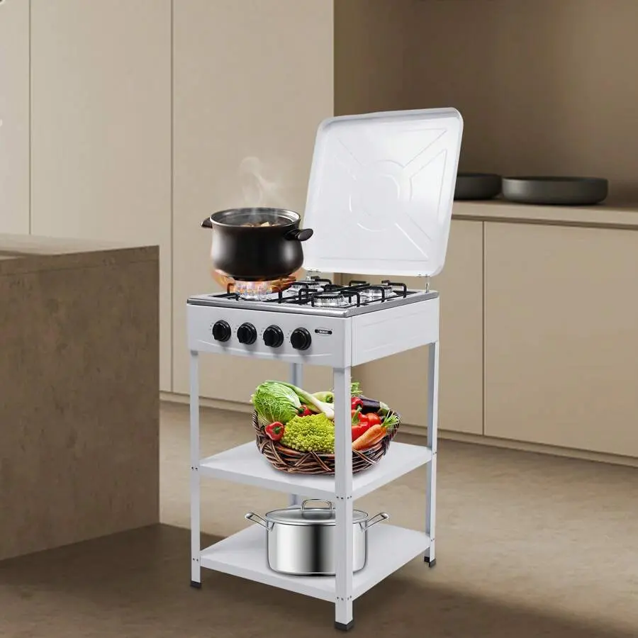 Outdoor Gas Stove 5 Burner Gas Stove Outdoor Vertical Split Camping Stoves Natural Gas Cooking W/ Double Layers Storage Rack Black/White 49*50*83cm/19.29*19.69*32.68inch