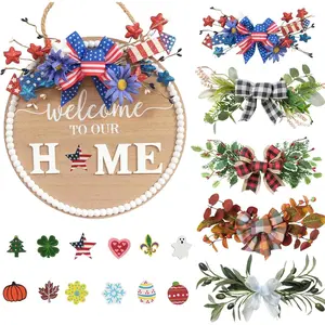 12 Inch Interchangeable Seasonal Welcome Sign Front Door Wreath Decor Wooden Plank with 5 Replaceable Wreaths and 12 Holiday Signs for Year Round Holiday  Decor Front Door Fireplace