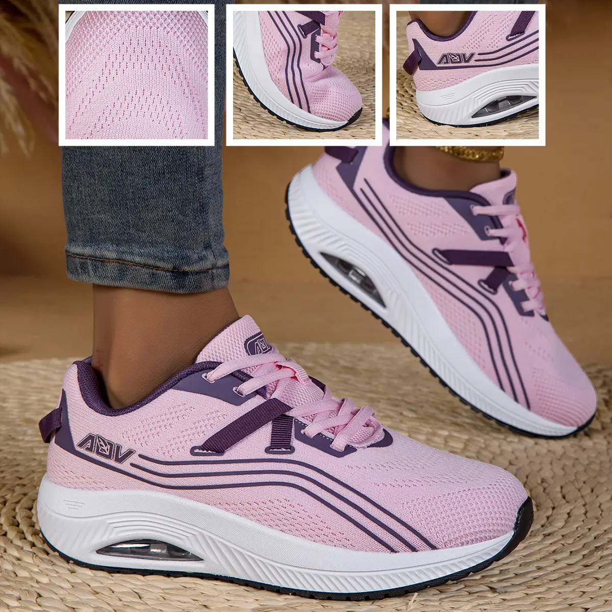 Women's Low Top Knit Mesh Cushioned Anti-Slip Supportive Non Slip Feminine Style Casual Trainers - Breathable, Lightweight Air Cushion, Shock-Absorbing for Walking Everyday, All Seasons Wear