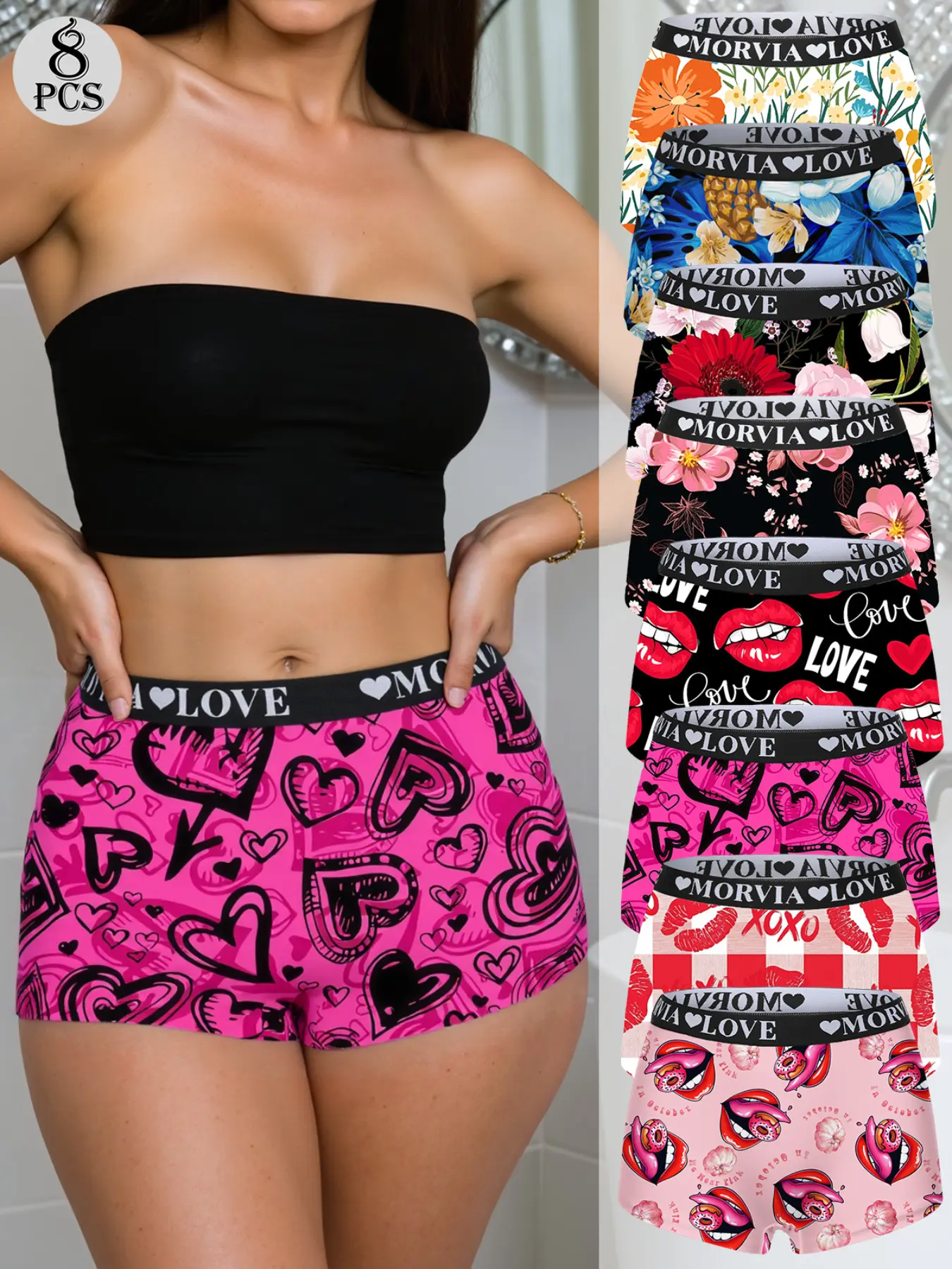 Morvia 8pcs Women's Pop Art & Realistic Floral Boyshorts, Soft Cozy Lounge Shorts for Yoga, Sleep & Loungewear, Chic Elegant All Season Wear Underwear