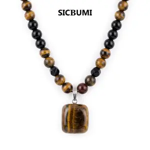 Sicbumi Fashionable Retro Natural Tiger's Eye Geometric Pendant Adjustable Natural Gemstone Beaded Necklace Men's Men's and Women'sDaily Wear Jewelry Gifts