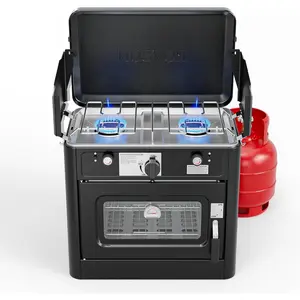 ROVSUN 2-in-1 Portable Camping Stove & Propane Oven with Piezo Igniter, 2 Burner Stove & Outdoor Oven with Adjustable Fire, Thermometer, Wind Panel & Regulator for Traveling, Tailgating (Black) SpringStatements