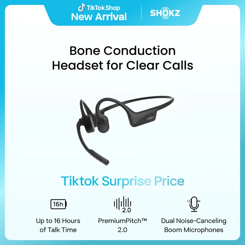 SHOKZ OpenComm2 Open-Ear Bone Conduction Audio Headphones - Wireless Bluetooth Electronic USB Wireless Chargeable Headset with Noise Canceling Mic, Mute Button, 16-Hour Talk Time for Work, Productivity Tools (Black, Mobile & PC Compatible), Wireless Charg