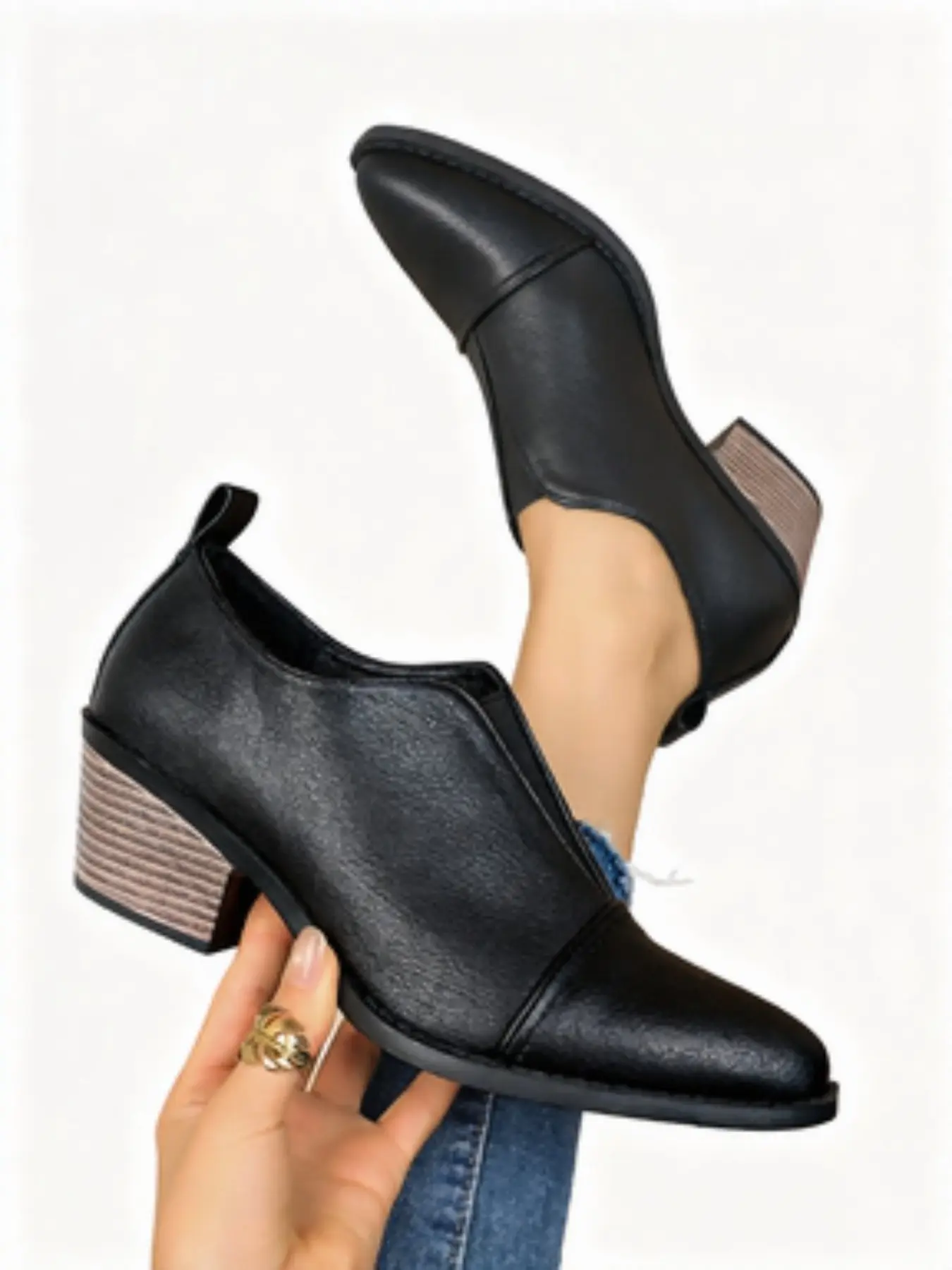 Trendy Retro Deep Mouth Heeled Shoes, Pointed Toe Design, Soft PU Leather, Comfortable Rubber Sole, Versatile Women's Footwear