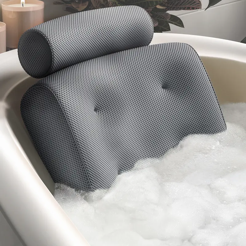 Everlasting Comfort Luxury Memory Foam Tub Bath Pillow - Cover Included, 4-Cup Smooth Secure Suction Cup Grip, Airflow Encouraging Quick-Dry Breathable Mesh, Shoulder Support, Modern Design, Versatile Compatibility, Durable Bathroom Gadget for Relaxation