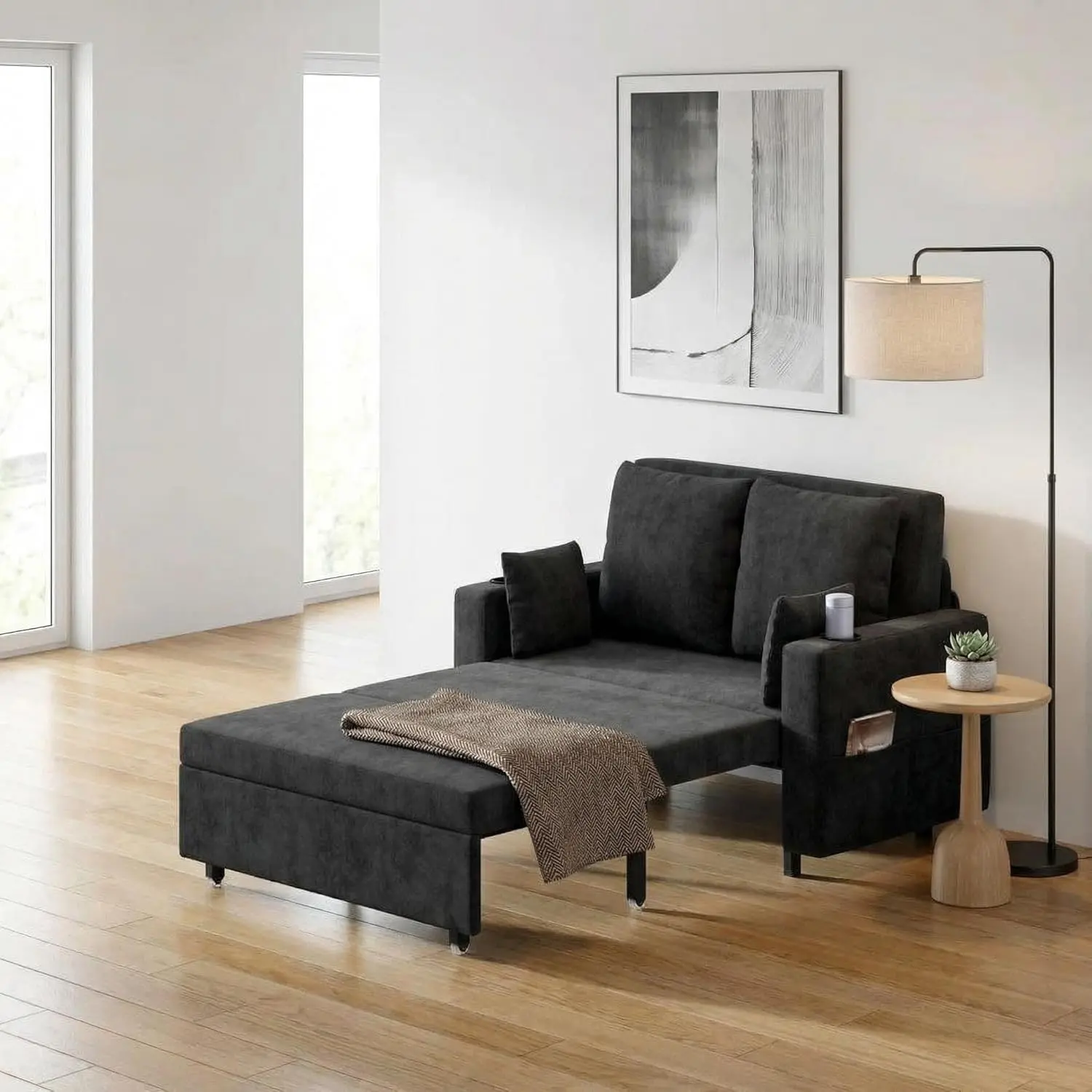 Gaomon 3-in-1 Convertible Sofa Bed Couch - 56" Modern Pull-Out Loveseat with Steel Frame, USB Ports, Cup Holder, Pocket Storage, 4 Pillows, Full Size Bed, 3-in-1 Bedroom Furniture, Fold-Out Sofa Bedroom Furniture for Living Room