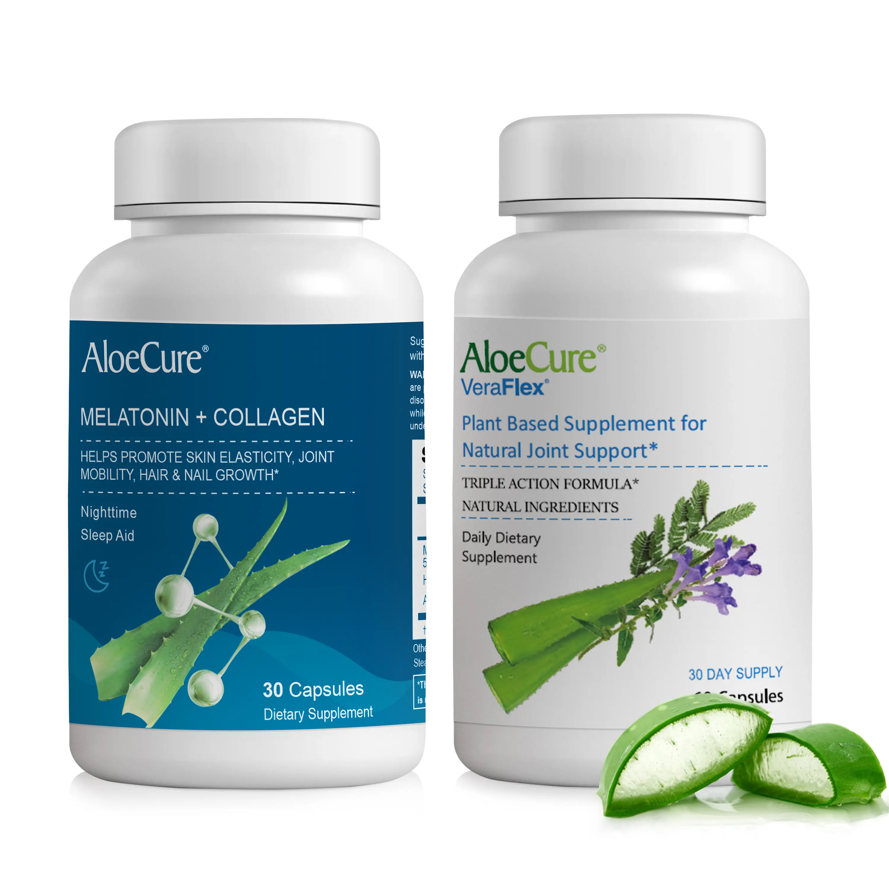 AloeCure USDA Organic GMO-Free Ecocert Certified Dietary Supplement 2-Pack - 1 VeraFlex Aloe Vera Capsules Bottle, 1 Melatonin+Collagen Aloe Vera Capsules Bottle, Sleep & Joint Support, Antioxidants, Gluten-Free, Dairy Excluded, Natural