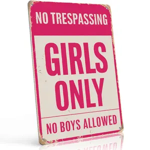No Trespassing Girls Only No Boys Allowed 12x8 Inch Aluminum Metal Sign - Playful Pink Wall Decor for Bedroom, Vanity, Dorm Room, Girls' Space - Retro Tin Sign Gift for Teen Girls, Sisters, Roommates and Feminine Space Fans