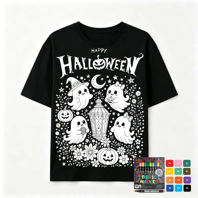 Men's 100% Cotton Personalized DIY Color-Your-Own Halloween T-Shirt Top - Black, Short-Sleeve, Breathable, Casual Round Neck, Cute Ghost Pumpkin Lantern Print, 12 Fabric Markers, S-5XL Sizes, Outfits Set