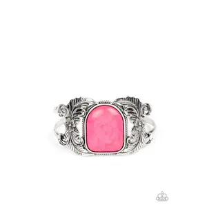 Dune Garden - Pink Stone Silver Floral Cuff Bracelet - Paparazzi