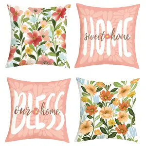 4pc Spring Summer Floral Pillow Covers 18x18 Inch Set, Watercolor Flower Peach Color Cushion Cases, Home Decor for Sofa Bedroom