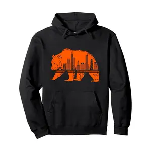 Men's Chicago Skyline Bear Graphic Hoodie - Pullover with Front Pocket, Black Casual Fall/Winter Wear, Casual Wear Hoodie, Fall outfits