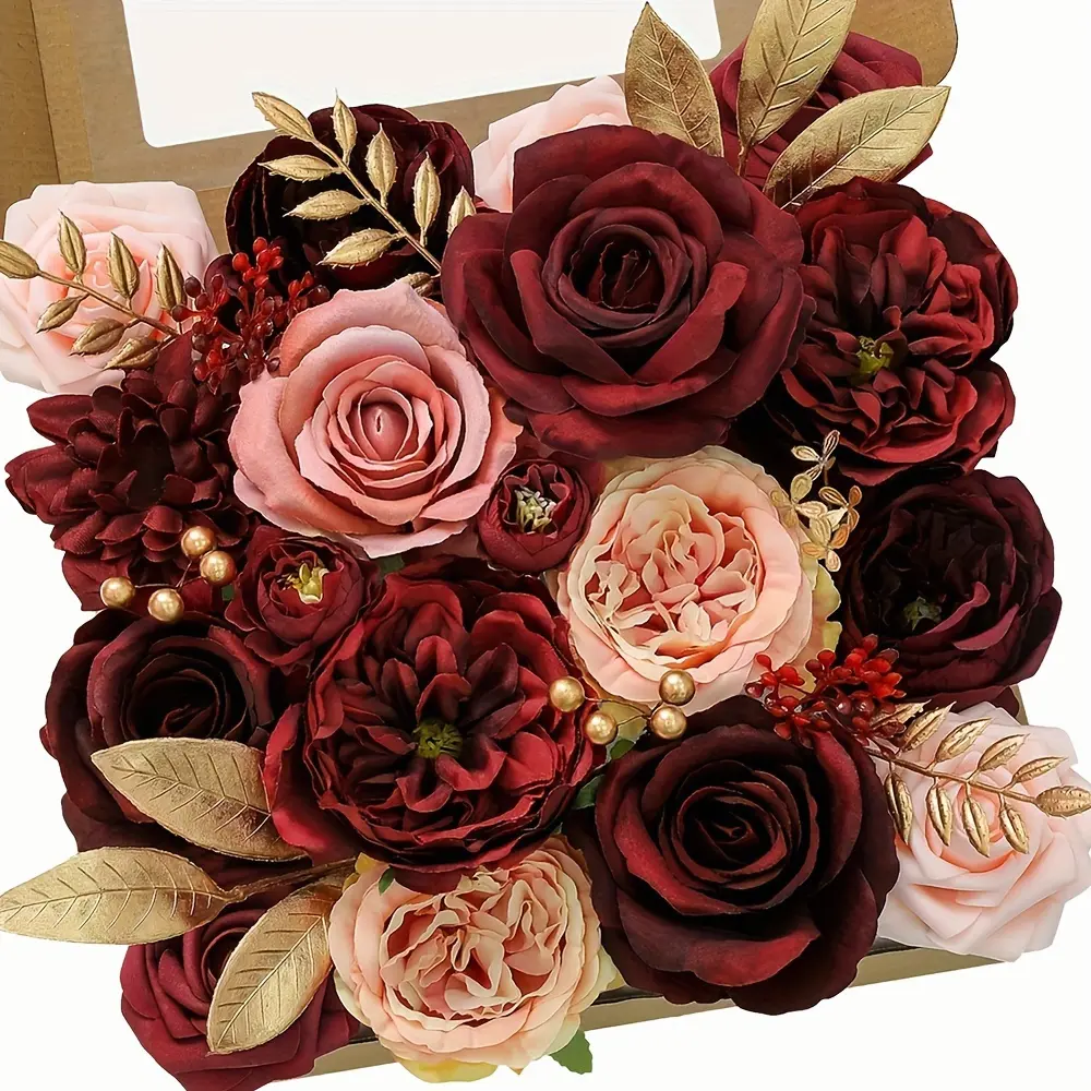 AUSOGO Artificial Rose Bouquet, Wine Red Plastic Flowers for Wedding and Engagement, Versatile for Tabletop Decoration, Ideal for Halloween, Day of the Dead, Memorial Day, Fall, Winter Events, No Battery Required