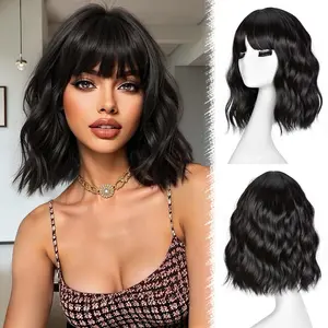 Short Wavy Wigs for Women Bob Wavy Wig with Bangs Shoulder Length Women's Synthetic Heat Resistant Fiber for Daily Party Use Dark Brown 14Inch