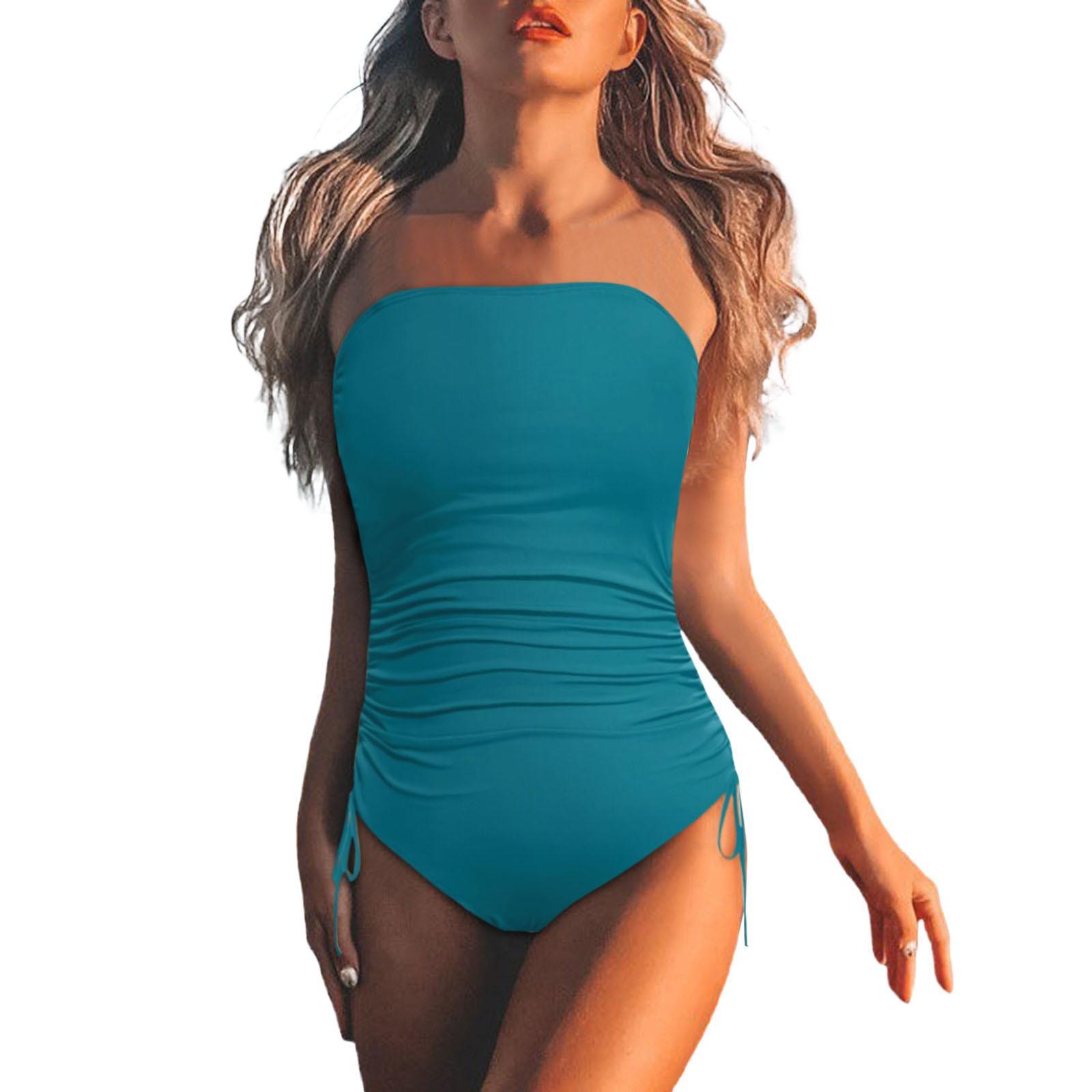 Strapless Ruched One Piece Swimsuit for Women, Tummy Control Bandeau Bathing Suit with Drawstring