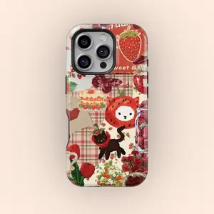 Vintage Strawberry Cat Tough Phone Case Kawaii Calico Kitten Coquette Trend Cover iPhone 11 12 13 14 15 16 17