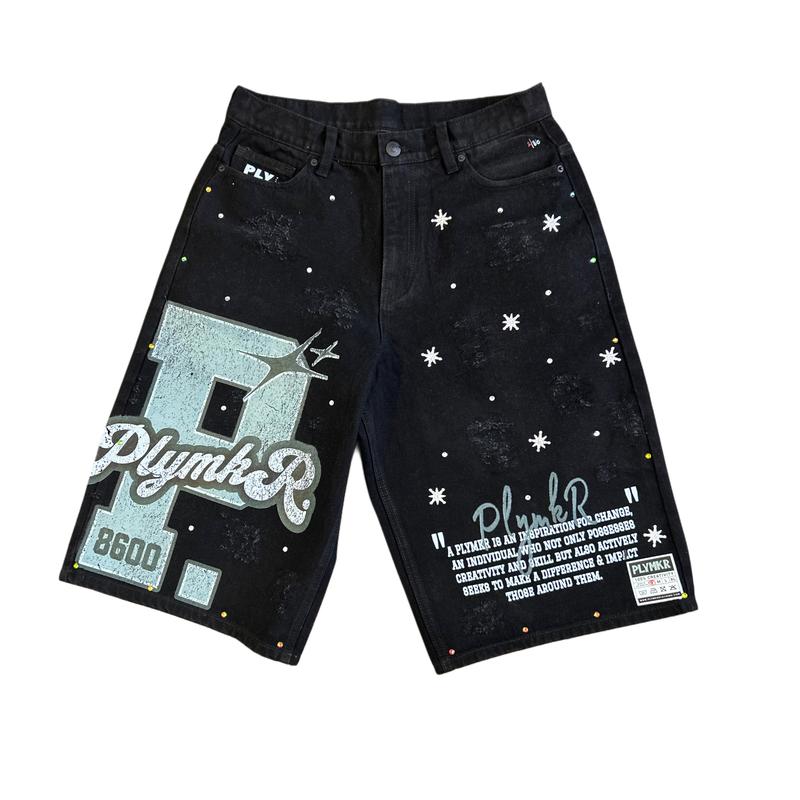 PLYMKR "Influence" Black Graphic Denim Jorts (8600)