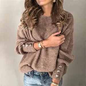 Women Long Sleeve Round Neck Button Sweater Tops T-shirt Casual Cotton Pattern T-shirt Ladies