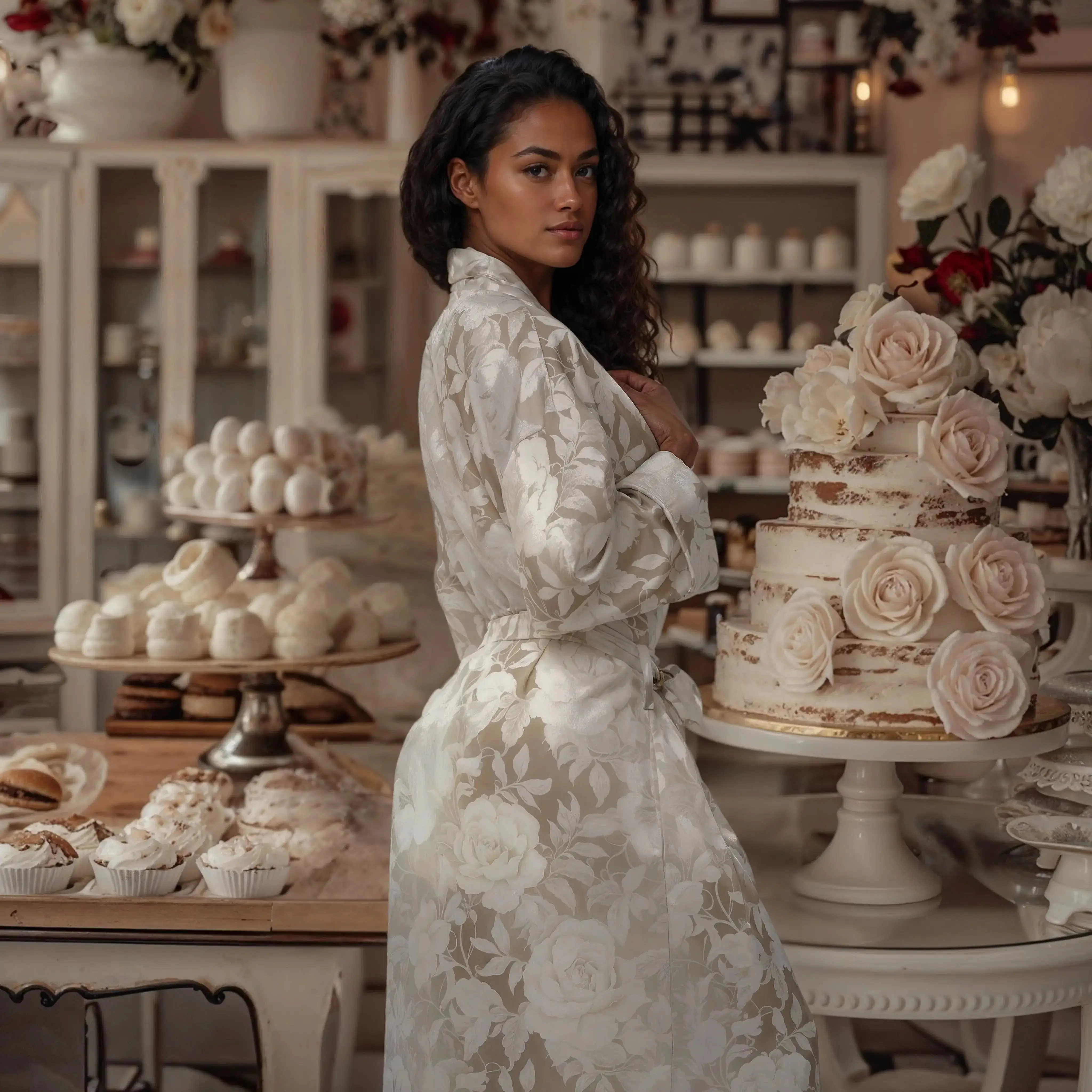 Ivory Romance Satin Robe kimono – Elegant Bridal Loungewear with Floral Printed Lace with Pockets, Belted Wrap, Long & Short Comfortable Design