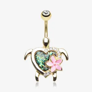 Golden Hawaiian Flower Turtle Opal Sparkle Belly Button Ring
